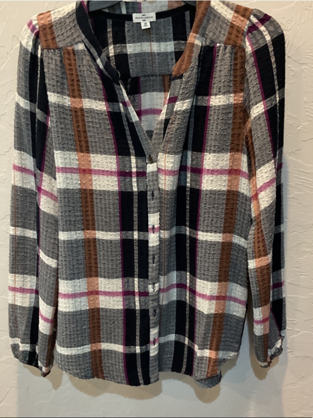 Mason & Belle  Plaid Button-Down Shirt in Gray with Brown & Pink Accents